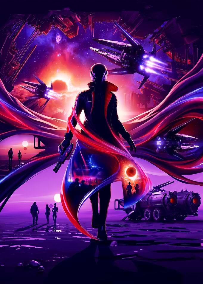 Sci-fi warrior in cosmic landscape
