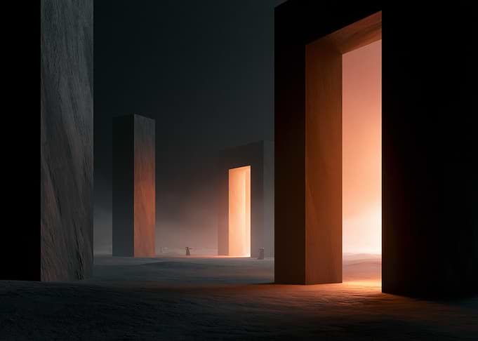 Mysterious Gateways in a Foggy Landscape