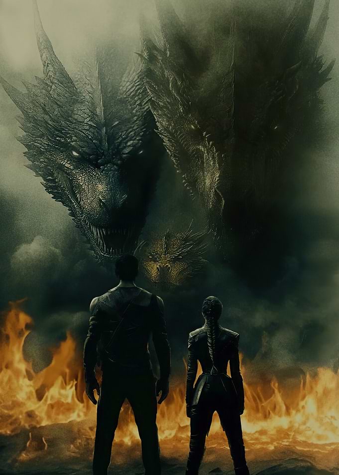Two figures face dragons in a fiery landscape