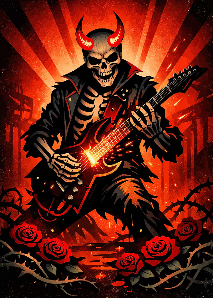 Skeleton Rocker with Devil Horns Playing Guitar