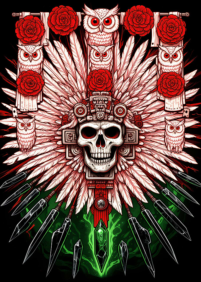 Aztec Skull Warrior with Owls and Roses