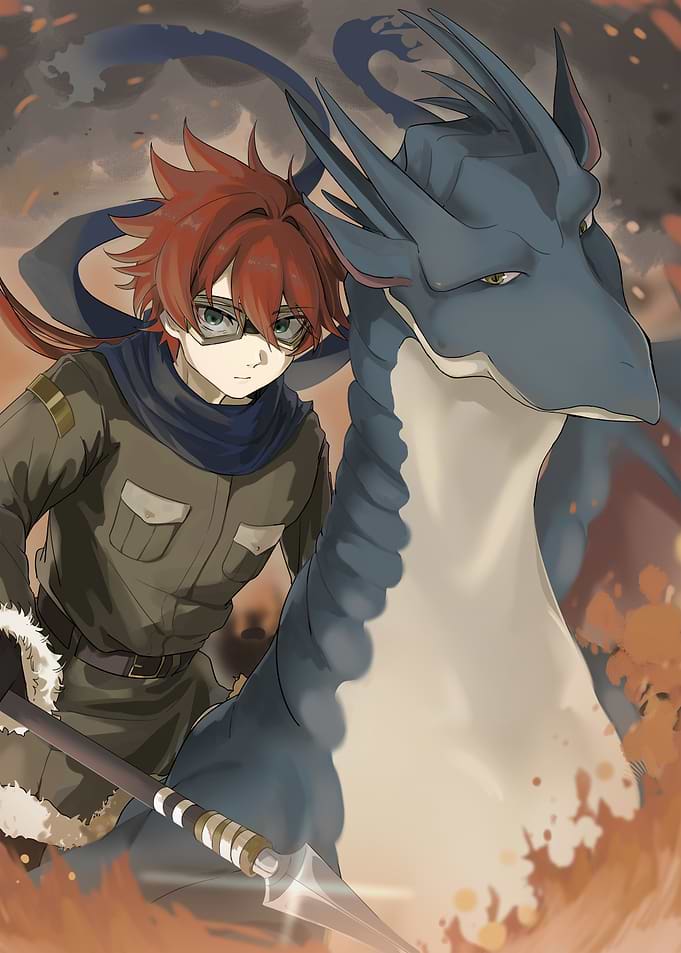 Boy and Dragon in Fiery Landscape