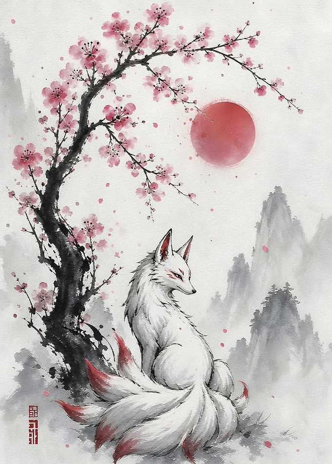 White Fox Under Cherry Blossoms