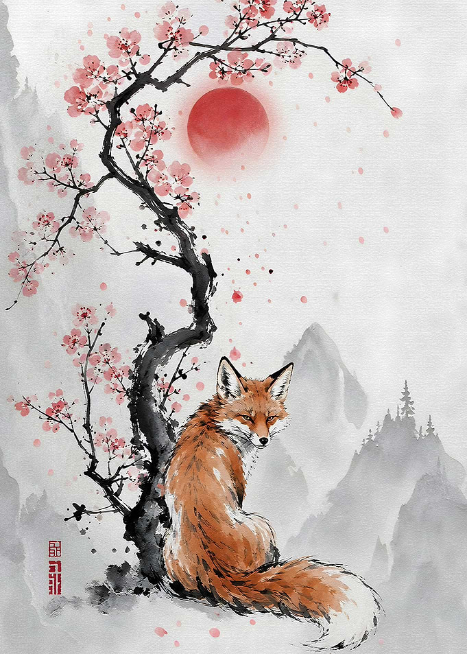 Fox Under Cherry Blossoms