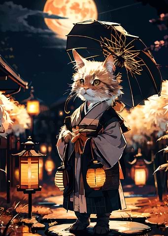 Cat in Kimono with Lanterns