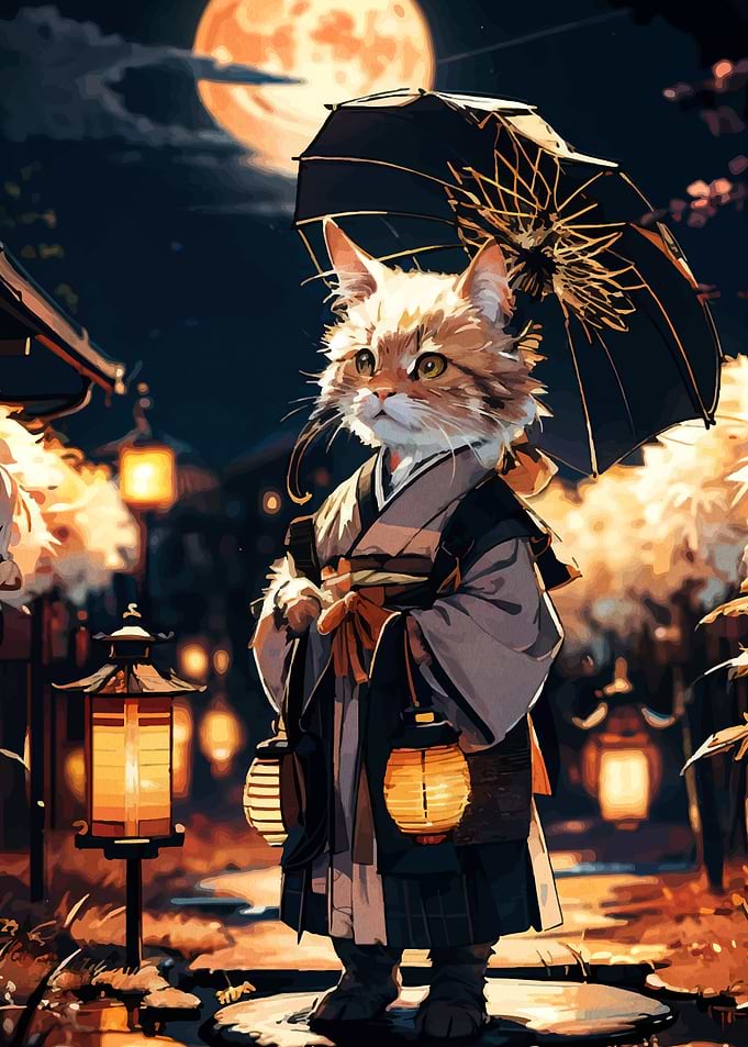 Cat in Kimono with Lanterns