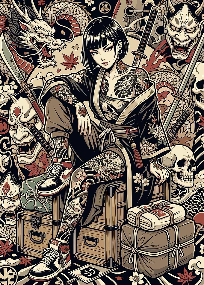 Tattooed Woman with Japanese Motifs