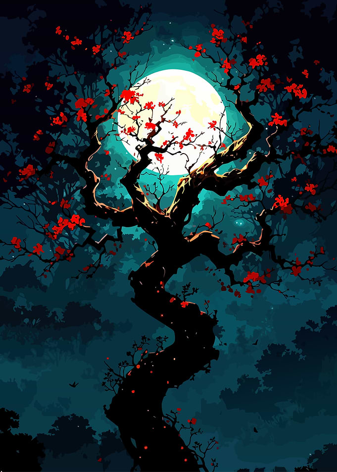 Enchanted Moonlit Cherry Blossom Tree