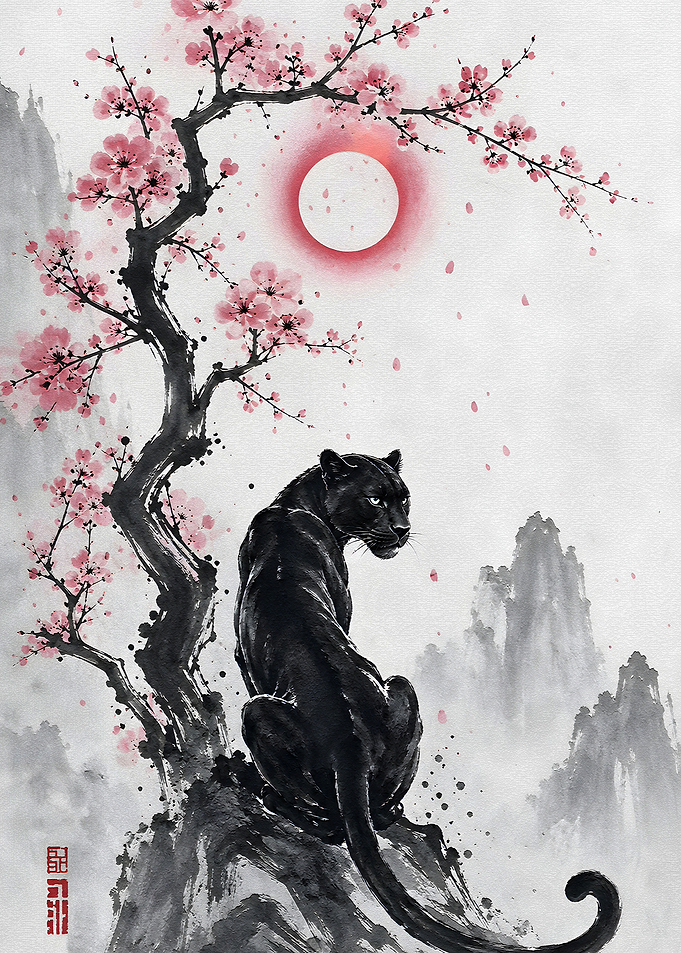 Black Panther Under Cherry Blossoms