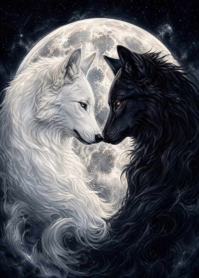 Yin Yang Wolves and Moon