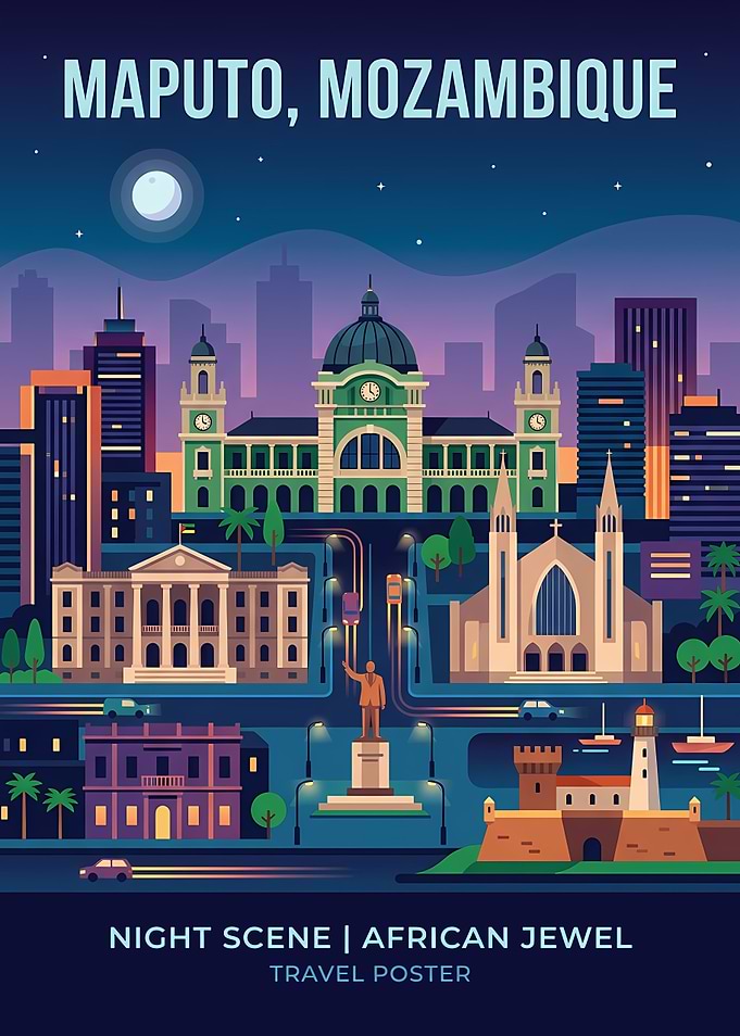 Maputo, Mozambique Night Scene Travel Poster