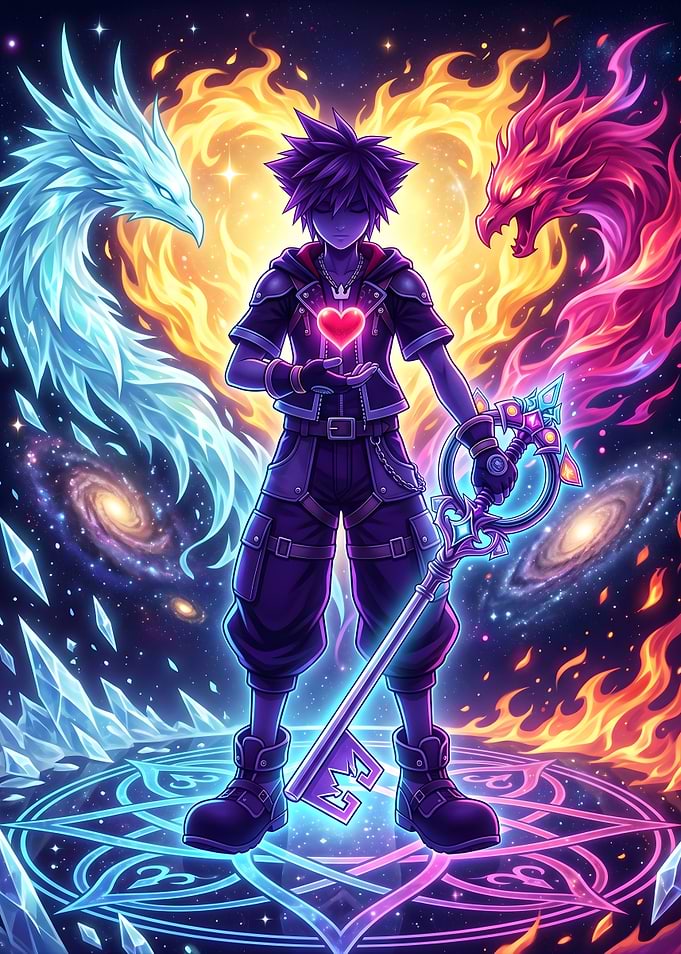 Sora with Keyblade and Elemental Dragons