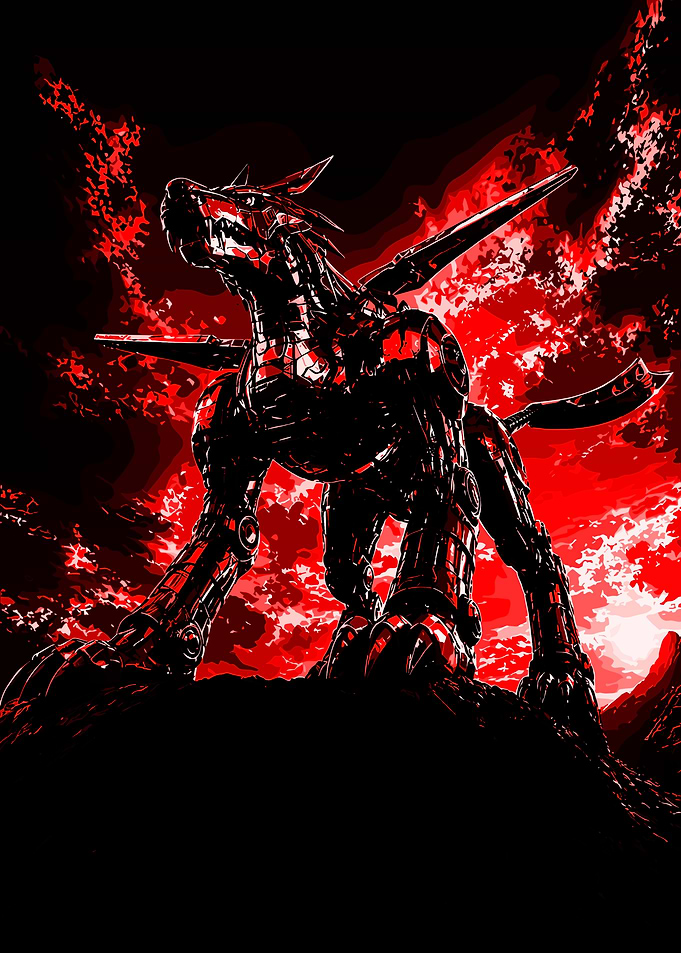 Mechanical Dragon in Red Fiery Landscape