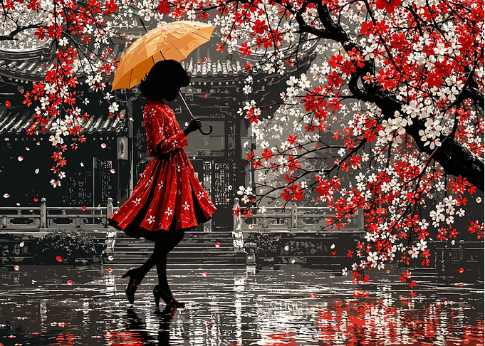 Woman with Umbrella Under Cherry Blossoms