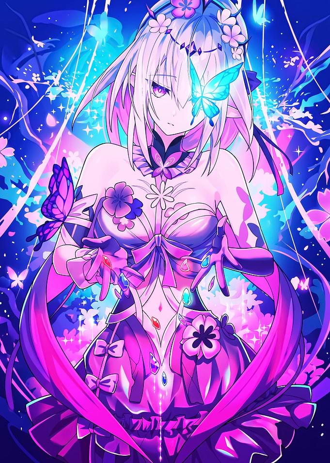 Anime Girl with Butterflies and Flowers
