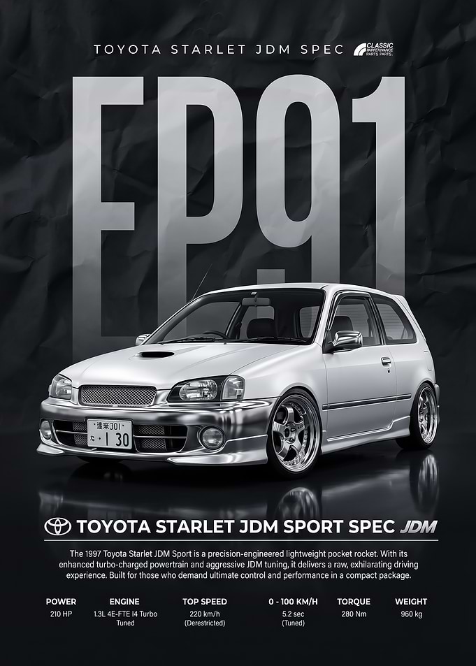 sleek white Toyota Starlet 97 JDM Sport Poster