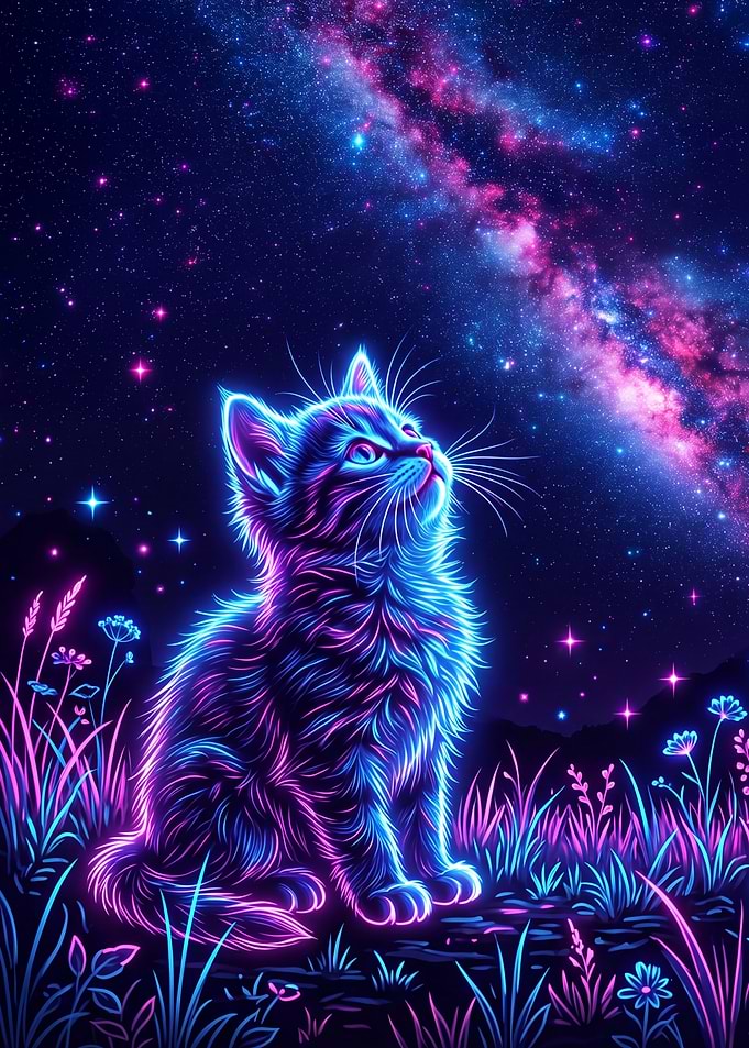 Cute Cat gazes up at the stars, colored in neon.