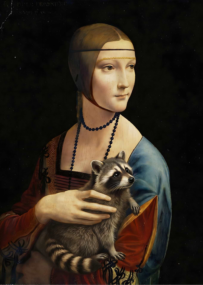 Lady with an Ermine holding a Raccoon, funny leonardo davinci painting