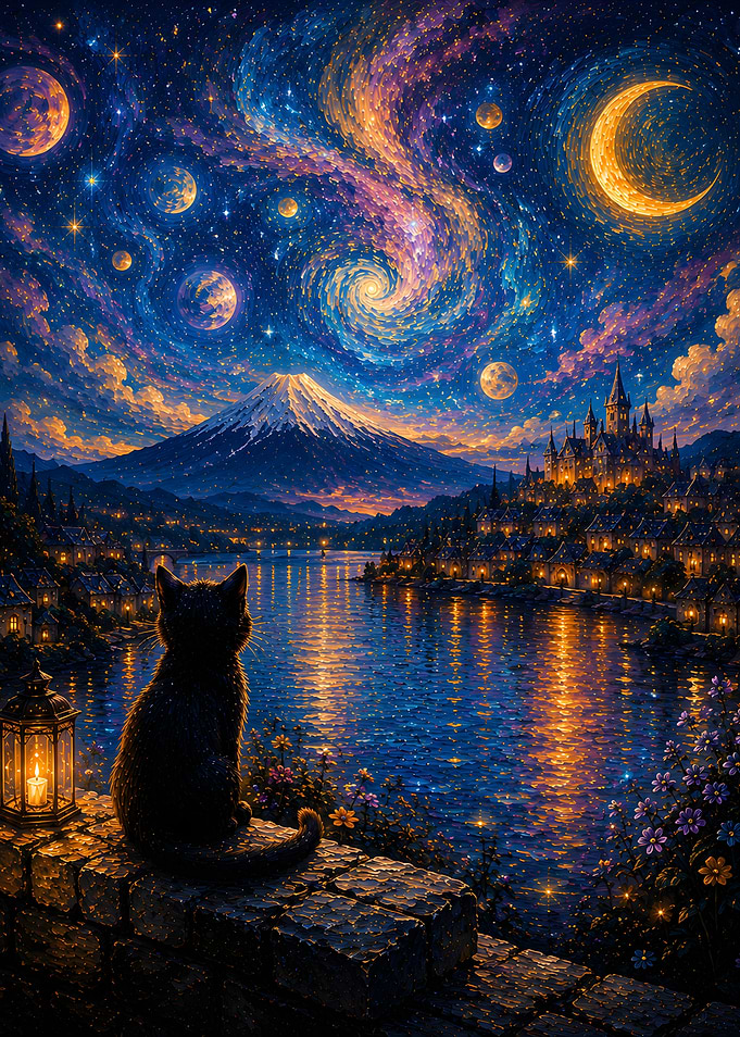 Black Cat Gazing at a Cosmic Cityscape