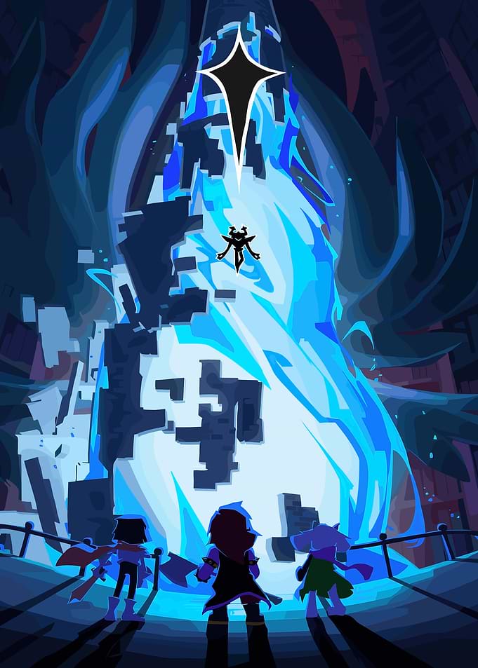 Three characters facing a glowing blue structure