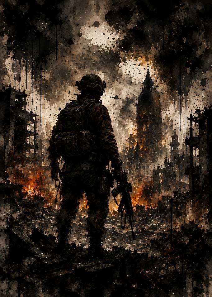 Soldier in a War-Torn City
