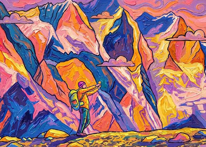 Hiker photographing vibrant mountain landscape