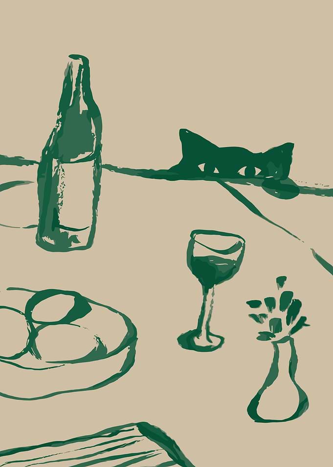 Cat Peeking Over Table with Wine