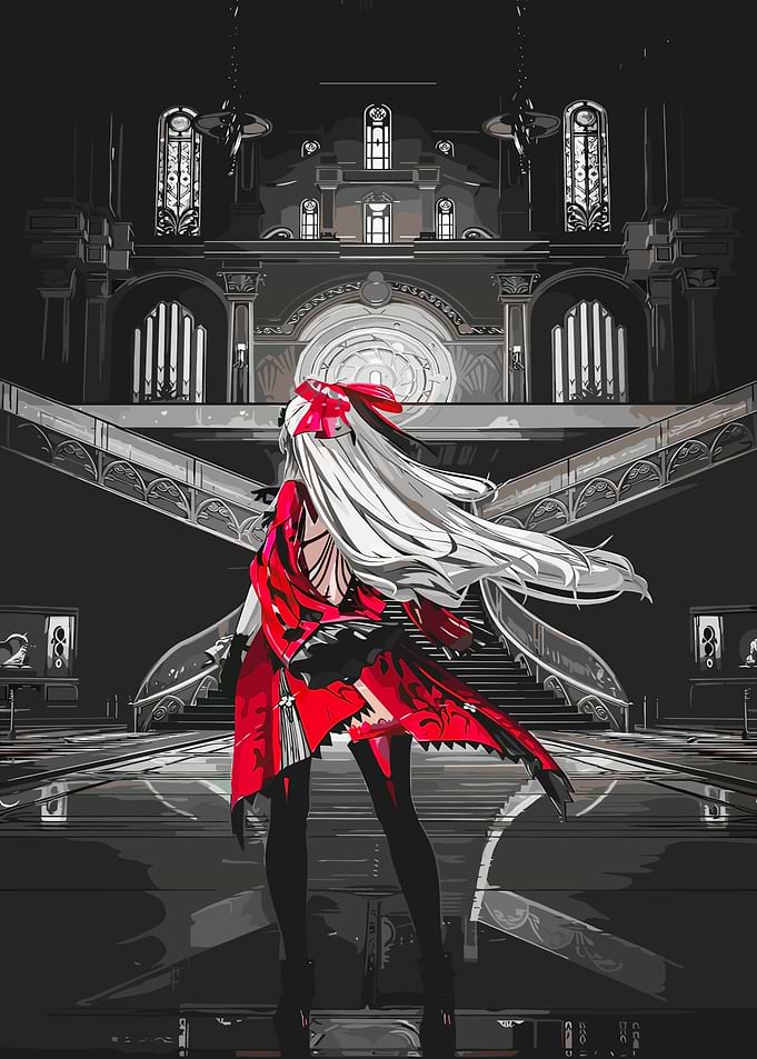 Anime Girl in Red Dress in Grand Hall