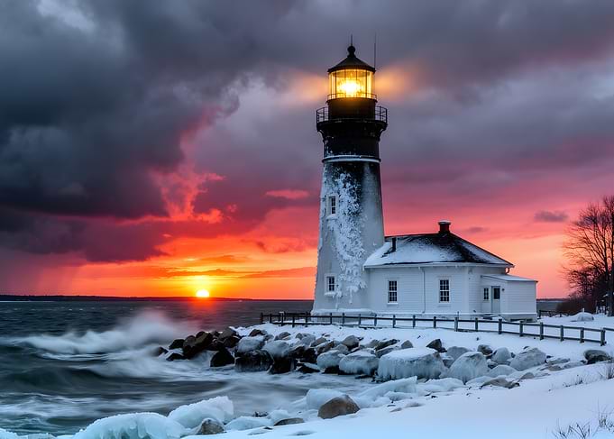 Lighthouse at Sunset in Winter