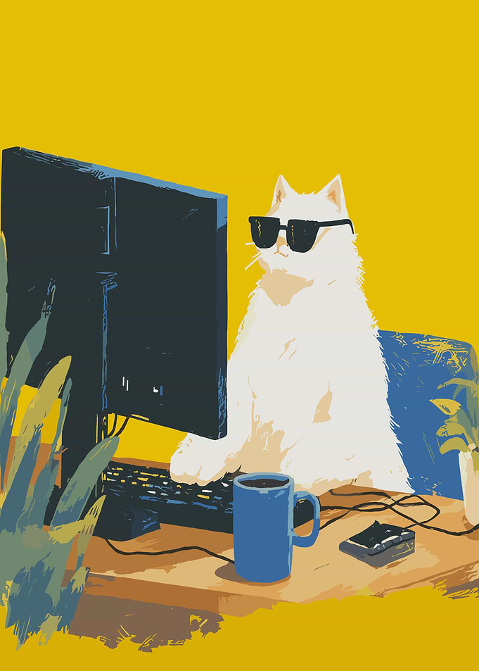 Cool Cat Working on Computer