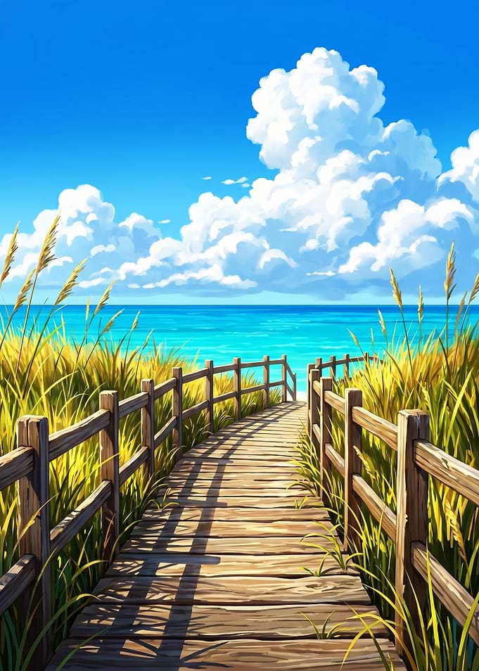 Wooden boardwalk to the ocean