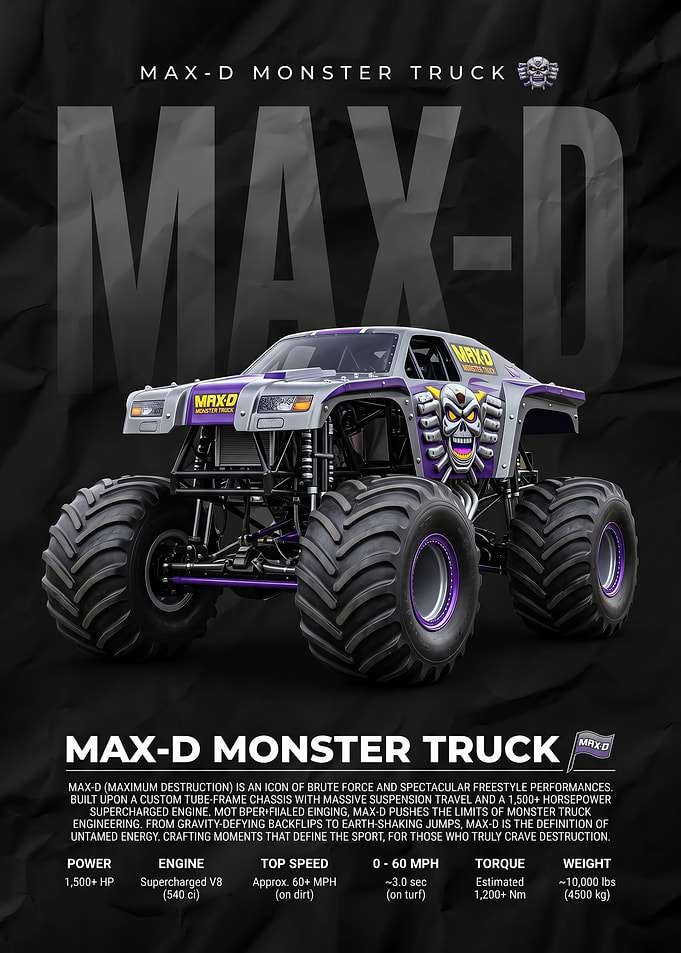 A dynamic Max D Monster Truck Poster