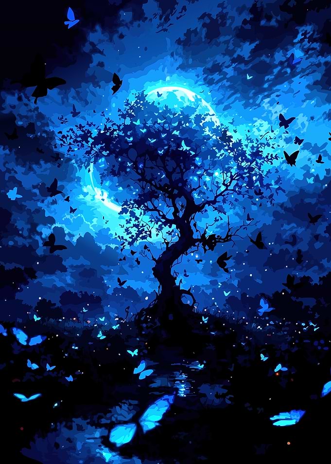 Enchanted Moonlit Forest with Butterflies