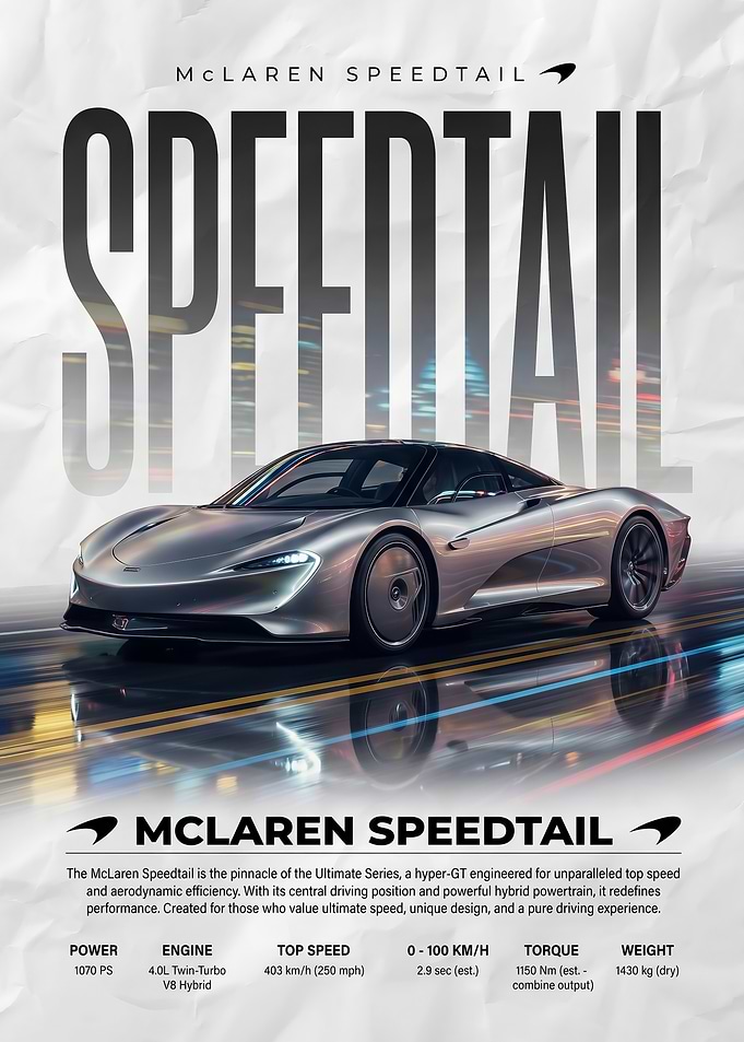 sleek silver McLaren Speedtail Hyper GT poster