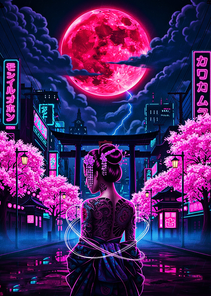 Cyberpunk Geisha Under a Pink Moon