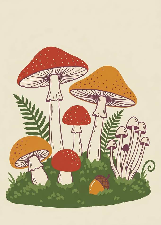 Whimsical Mushroom Forest Line Illustration