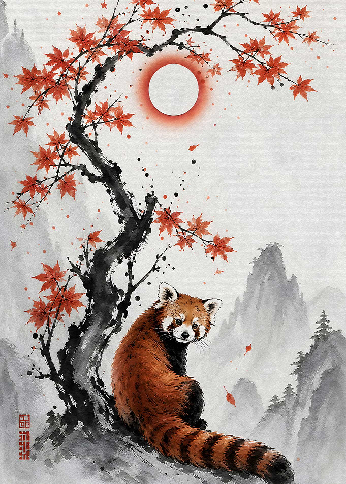 Red Panda Under Maple Tree