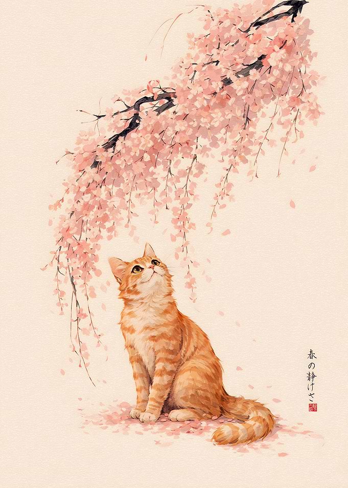 Cat Under Cherry Blossoms