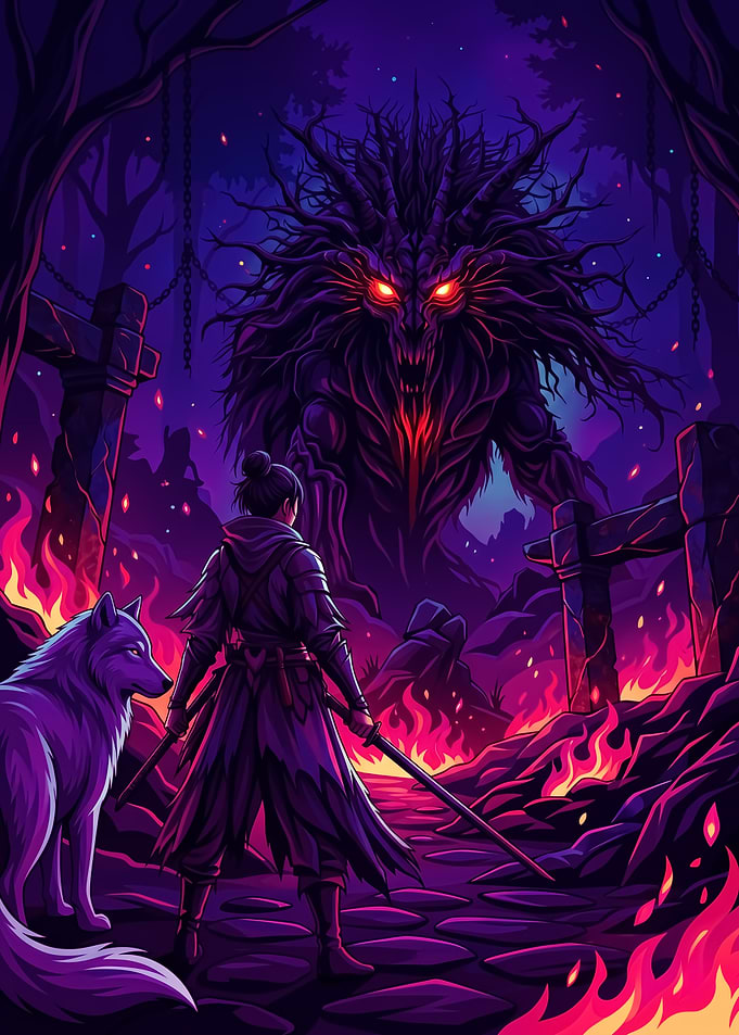 Warrior and Wolf Face Monster