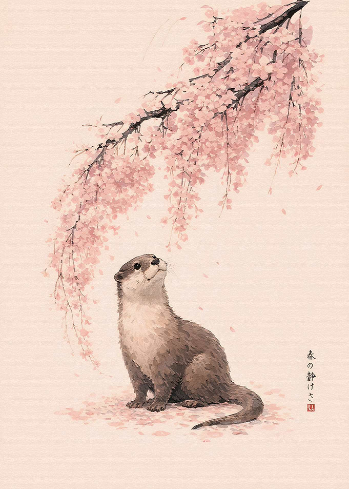 Otter Under Cherry Blossoms