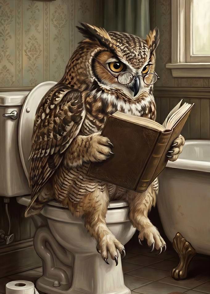 Owl Reading on Toilet