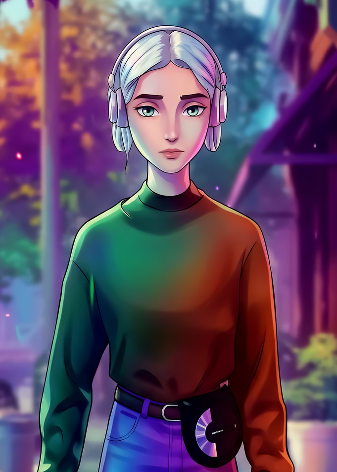 Girl with Headphones and Colorful Sweater
