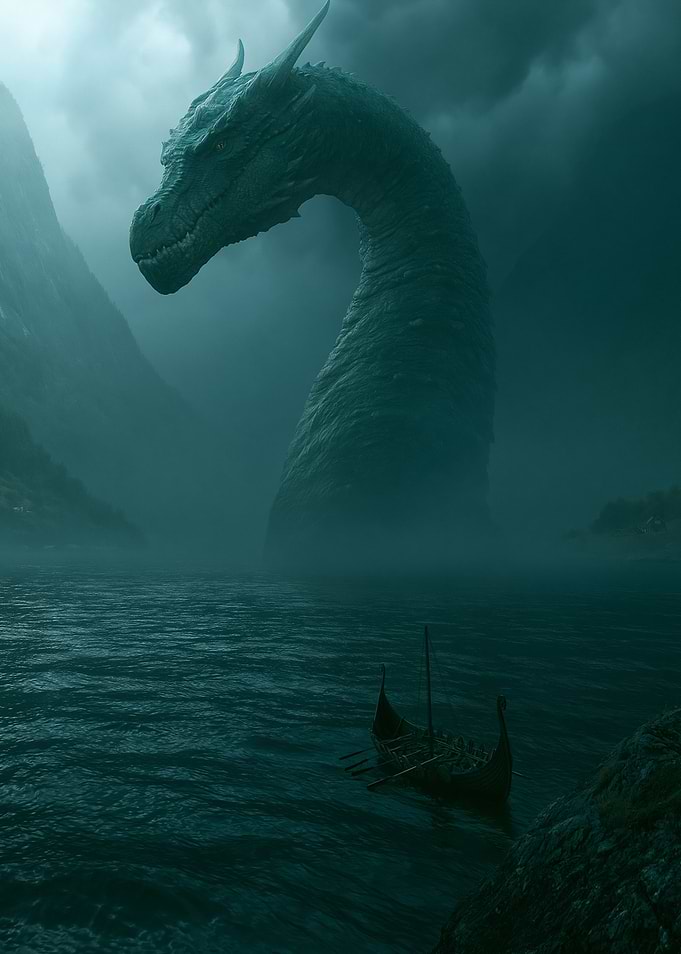 Dragon Emerging from Foggy Fjord