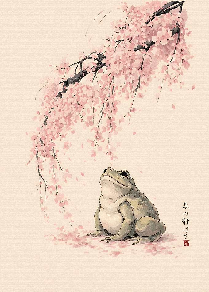 Frog Under Cherry Blossoms