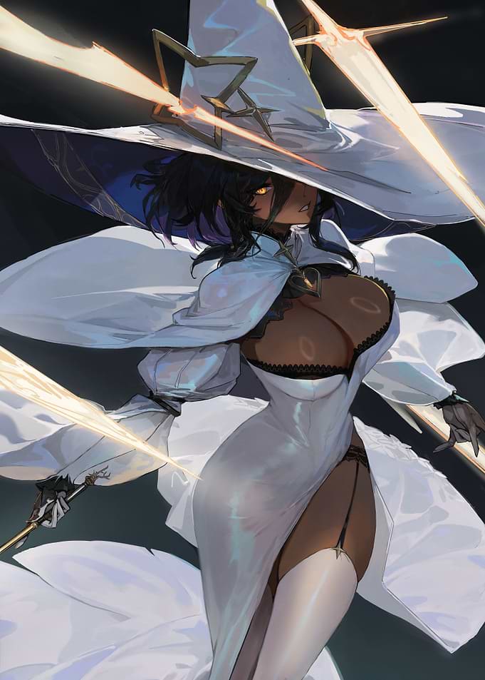 Dark-skinned Witch with White Dress and Hat