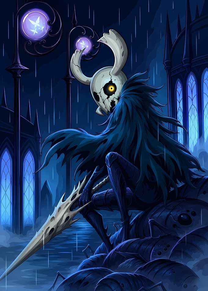 Hollow Knight Character in Rainy City