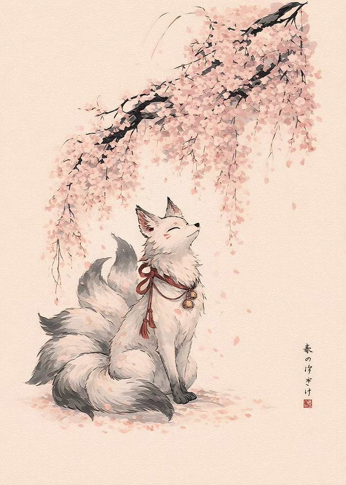 Kitsune Under Cherry Blossoms