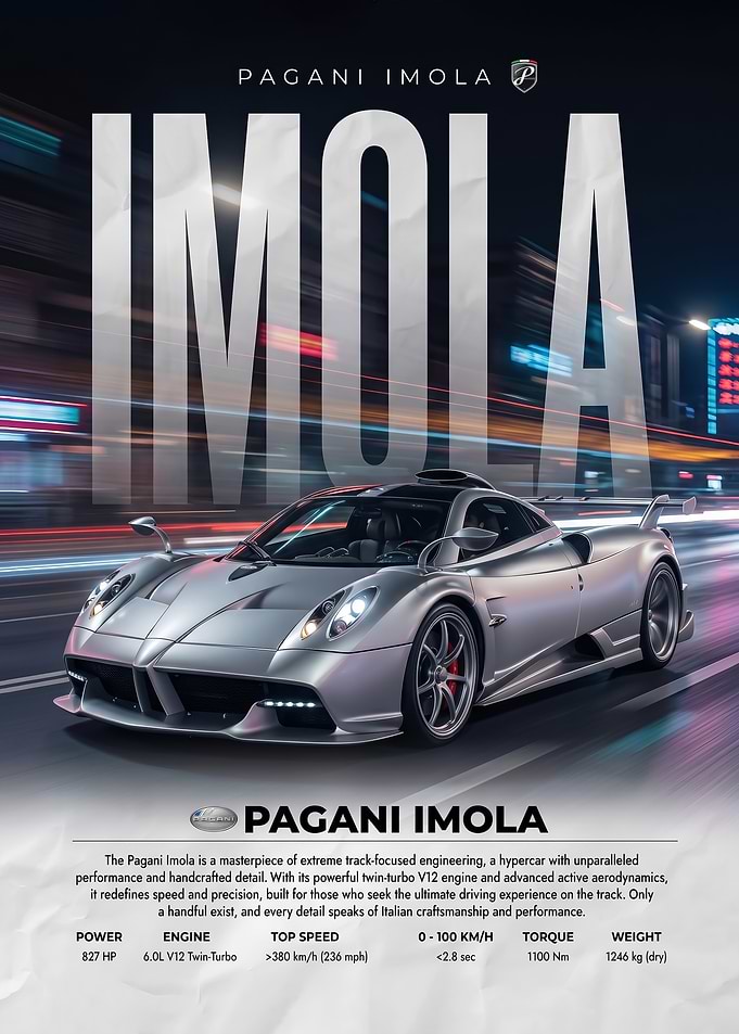 sleek Pagani Imola Hypercar on City Street poster