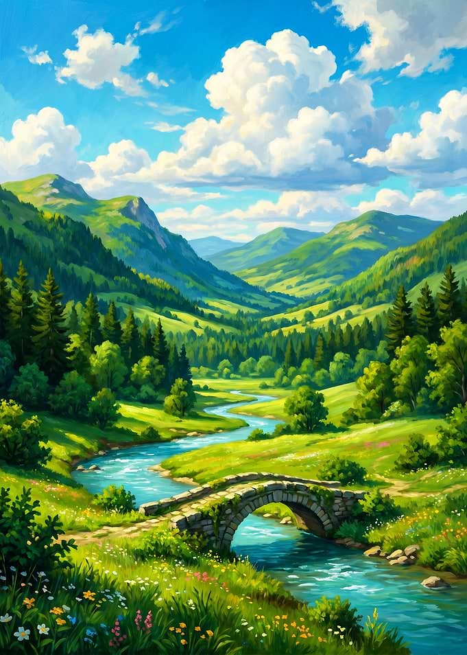 Idyllic Mountain Valley with Stone Bridge