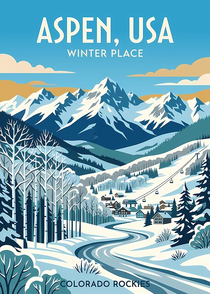 Aspen, USA Winter Place Vintage Poster